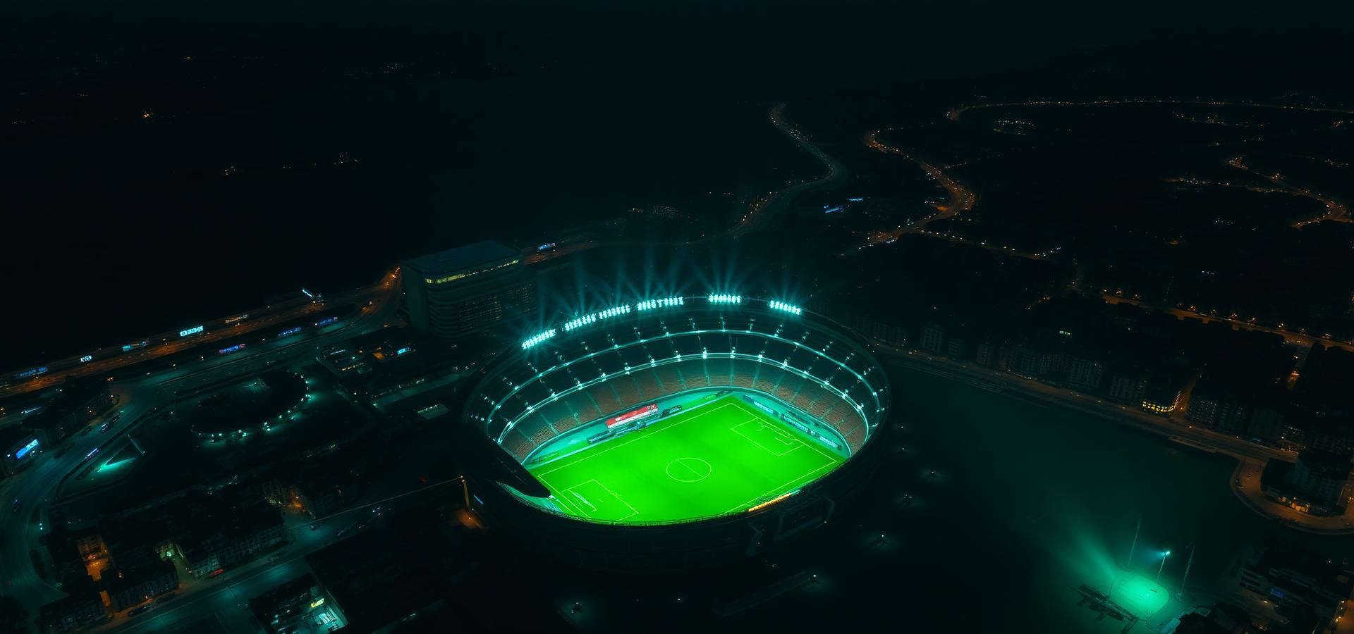 Ilmakuva valaistusta jalkapallostadionista